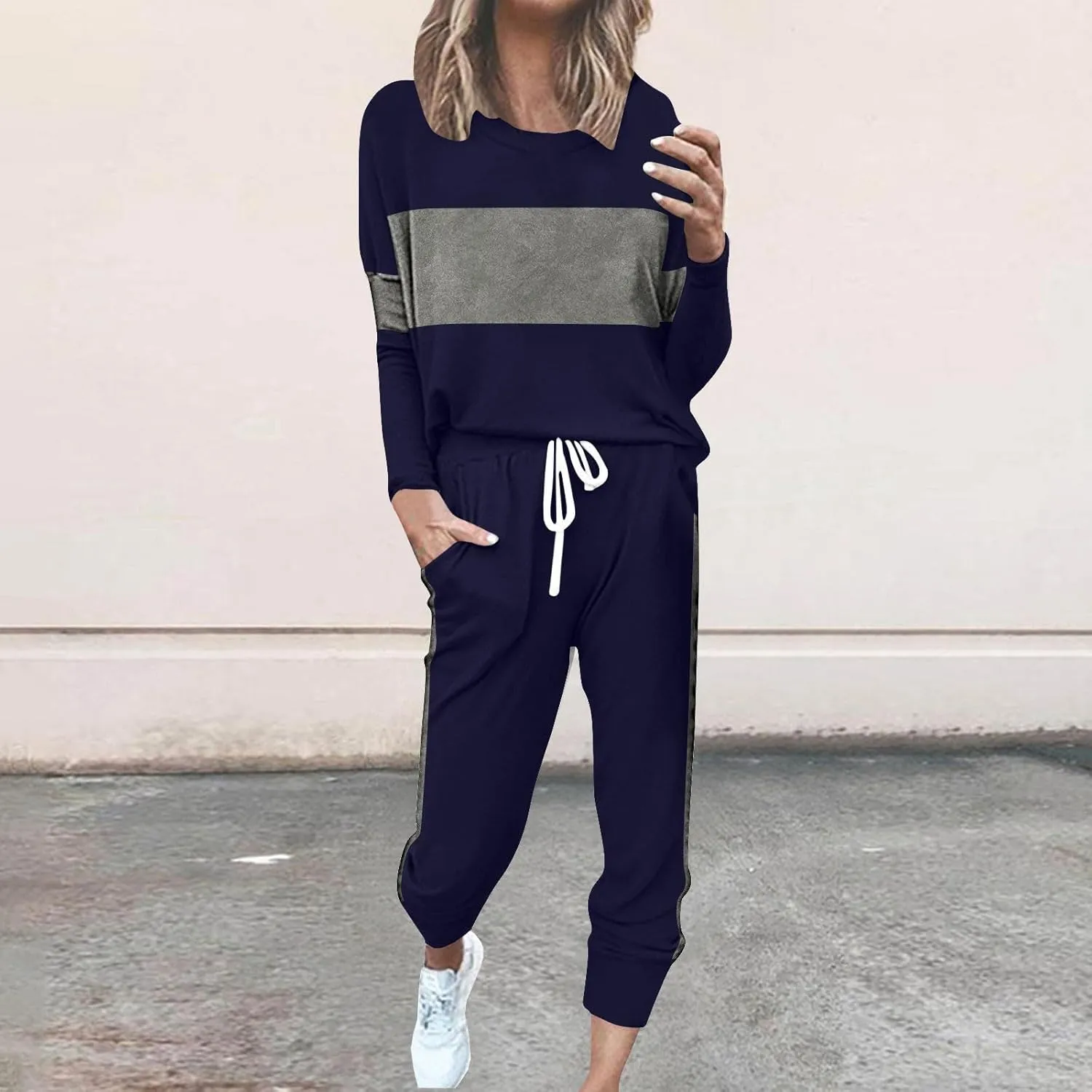 Women Color Block Simple Tracksuit 2 Piece Outfit Comfy Soft Pajama Set Crewneck Long Sleeve Shirts and Jogger Pants