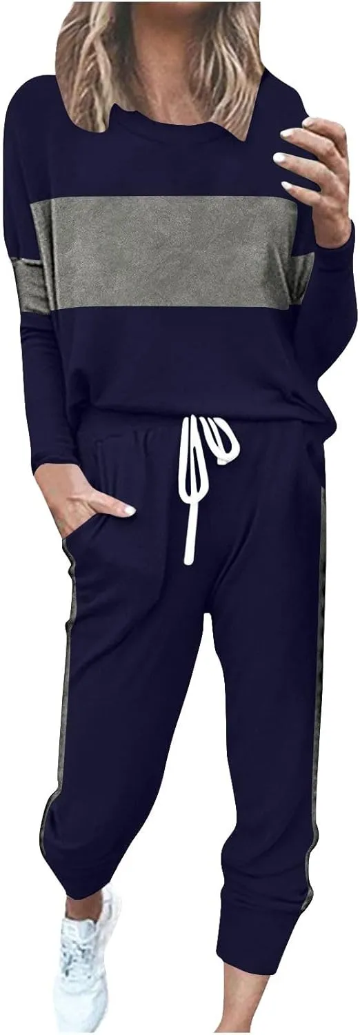 Women Color Block Simple Tracksuit 2 Piece Outfit Comfy Soft Pajama Set Crewneck Long Sleeve Shirts and Jogger Pants