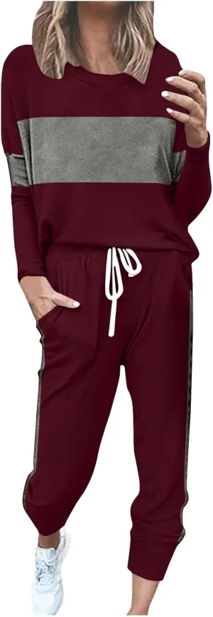 Women Color Block Simple Tracksuit 2 Piece Outfit Comfy Soft Pajama Set Crewneck Long Sleeve Shirts and Jogger Pants