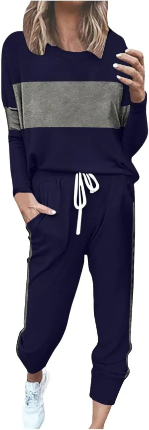 Women Color Block Simple Tracksuit 2 Piece Outfit Comfy Soft Pajama Set Crewneck Long Sleeve Shirts and Jogger Pants