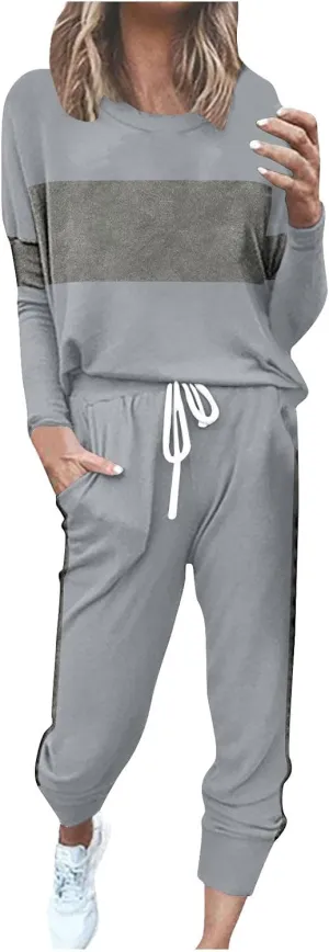 Women Color Block Simple Tracksuit 2 Piece Outfit Comfy Soft Pajama Set Crewneck Long Sleeve Shirts and Jogger Pants
