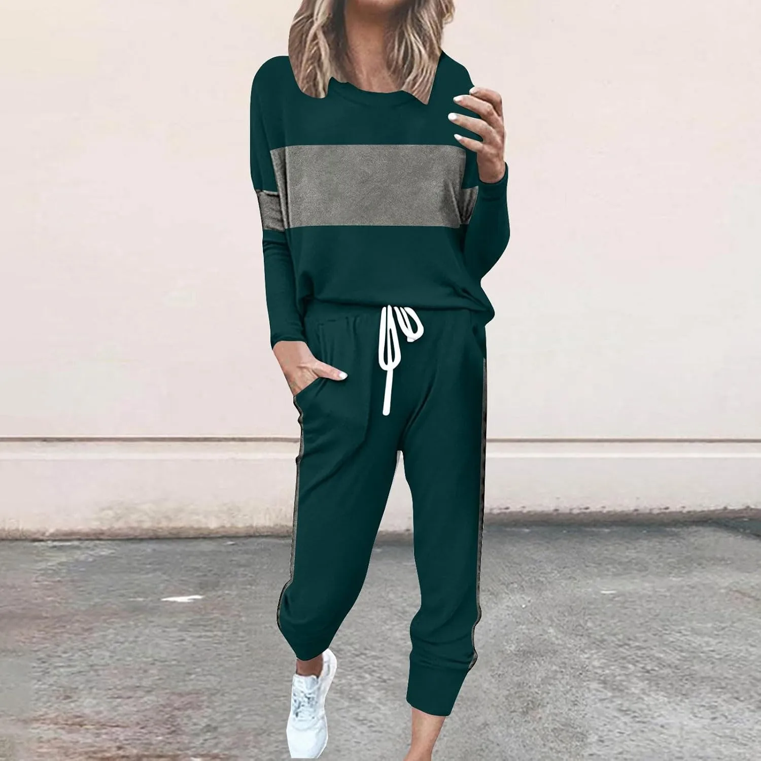 Women Color Block Simple Tracksuit 2 Piece Outfit Comfy Soft Pajama Set Crewneck Long Sleeve Shirts and Jogger Pants