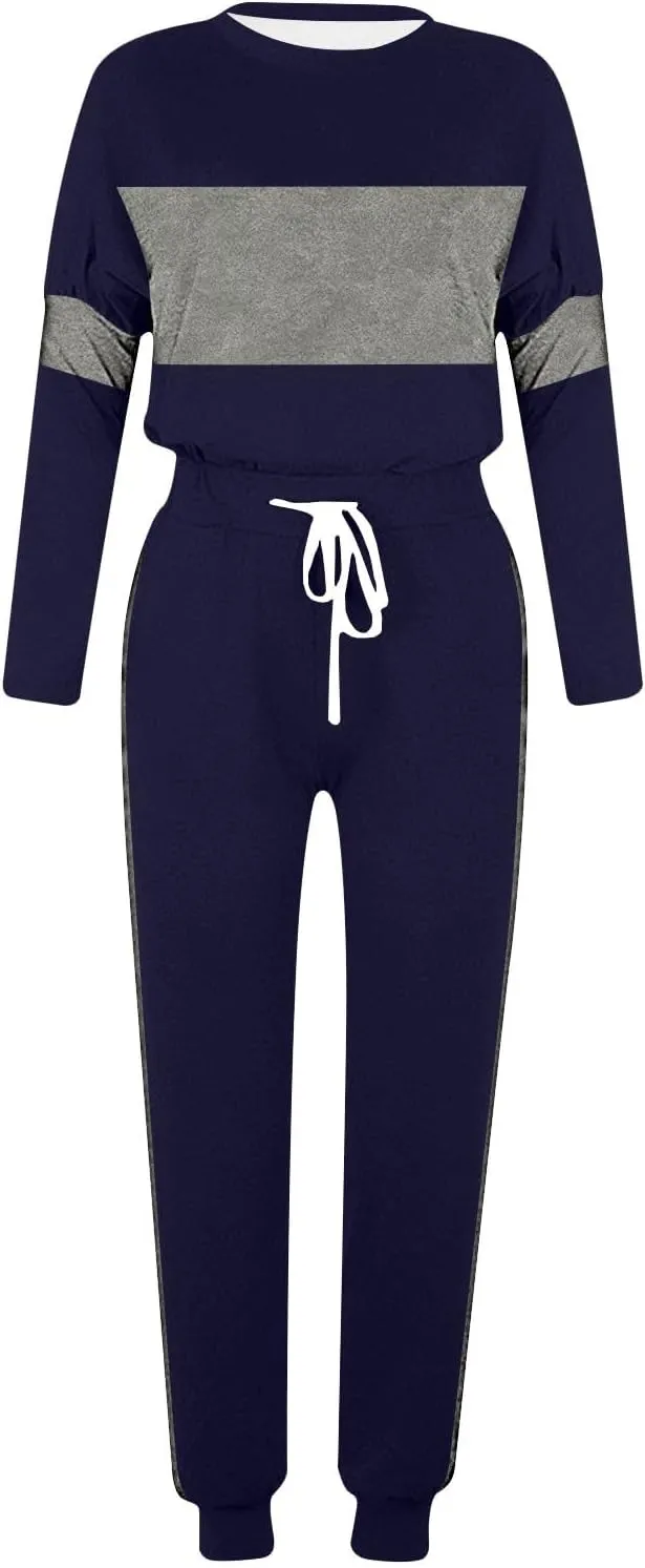 Women Color Block Simple Tracksuit 2 Piece Outfit Comfy Soft Pajama Set Crewneck Long Sleeve Shirts and Jogger Pants