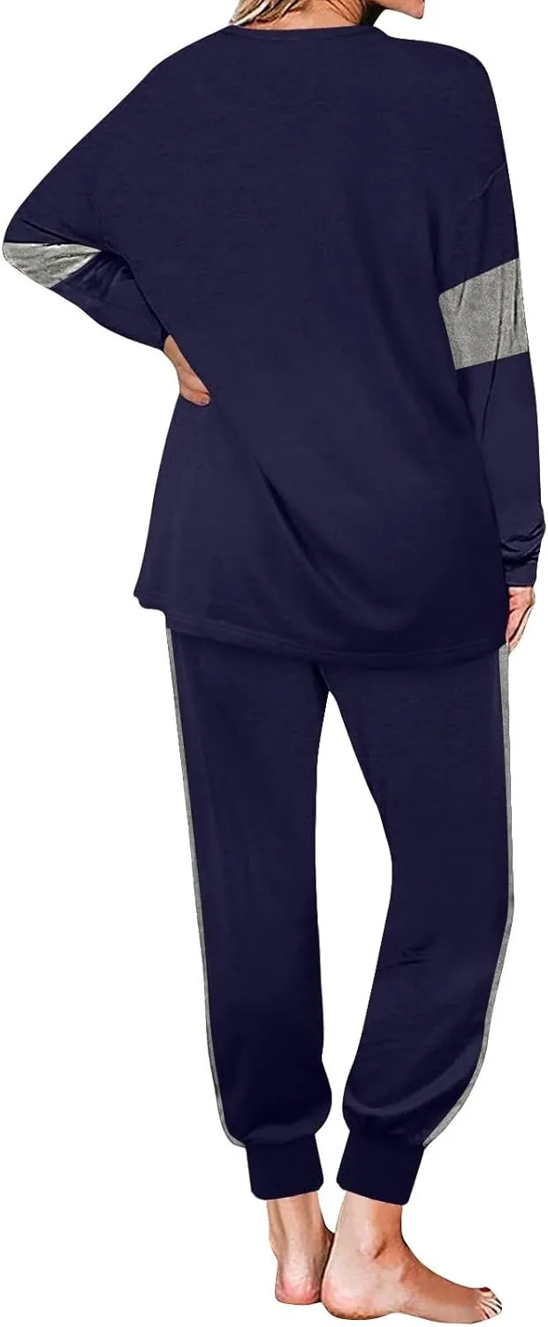 Women Color Block Simple Tracksuit 2 Piece Outfit Comfy Soft Pajama Set Crewneck Long Sleeve Shirts and Jogger Pants