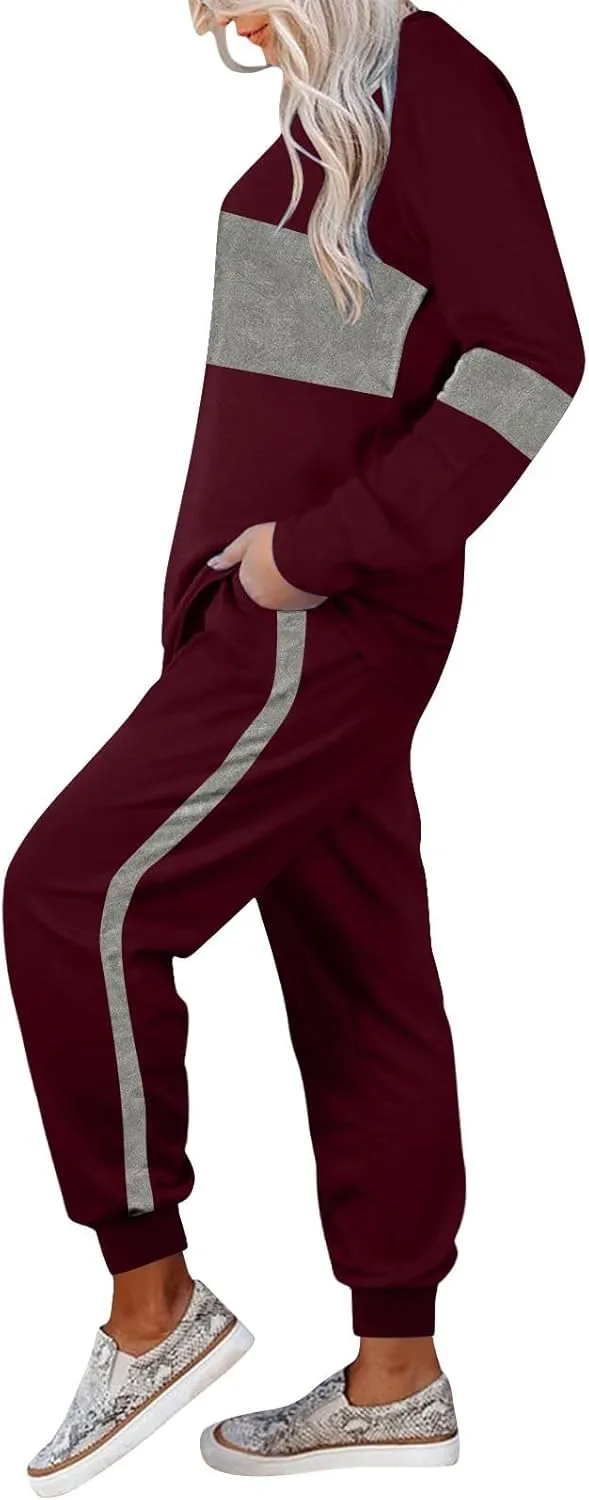 Women Color Block Simple Tracksuit 2 Piece Outfit Comfy Soft Pajama Set Crewneck Long Sleeve Shirts and Jogger Pants