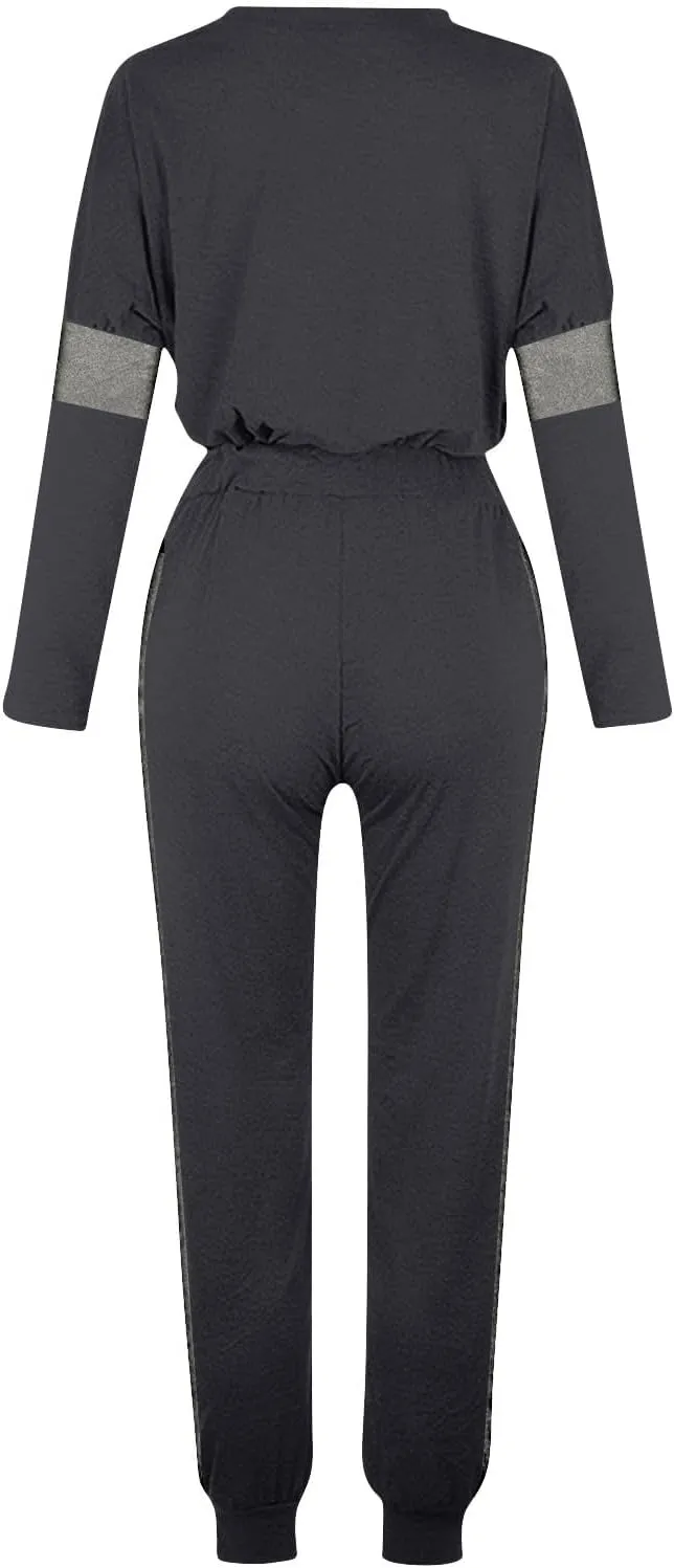 Women Color Block Simple Tracksuit 2 Piece Outfit Comfy Soft Pajama Set Crewneck Long Sleeve Shirts and Jogger Pants