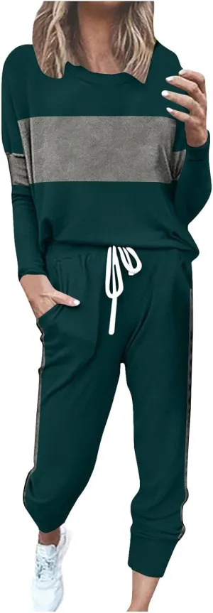 Women Color Block Simple Tracksuit 2 Piece Outfit Comfy Soft Pajama Set Crewneck Long Sleeve Shirts and Jogger Pants