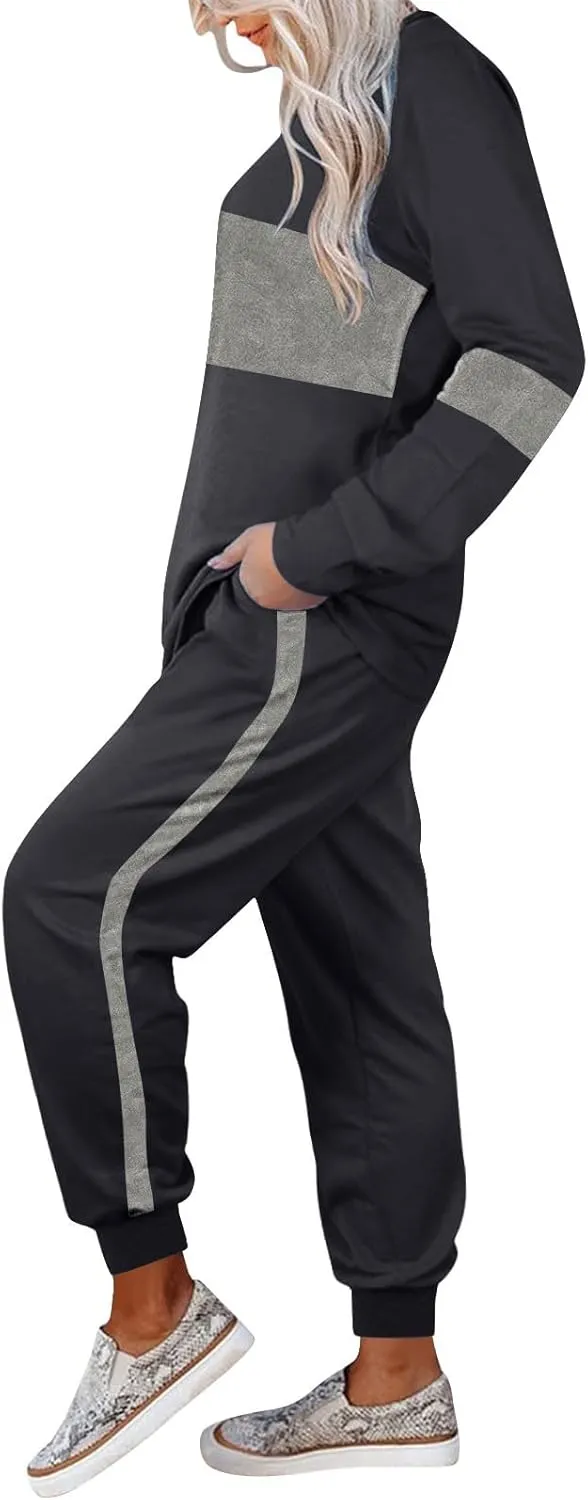 Women Color Block Simple Tracksuit 2 Piece Outfit Comfy Soft Pajama Set Crewneck Long Sleeve Shirts and Jogger Pants