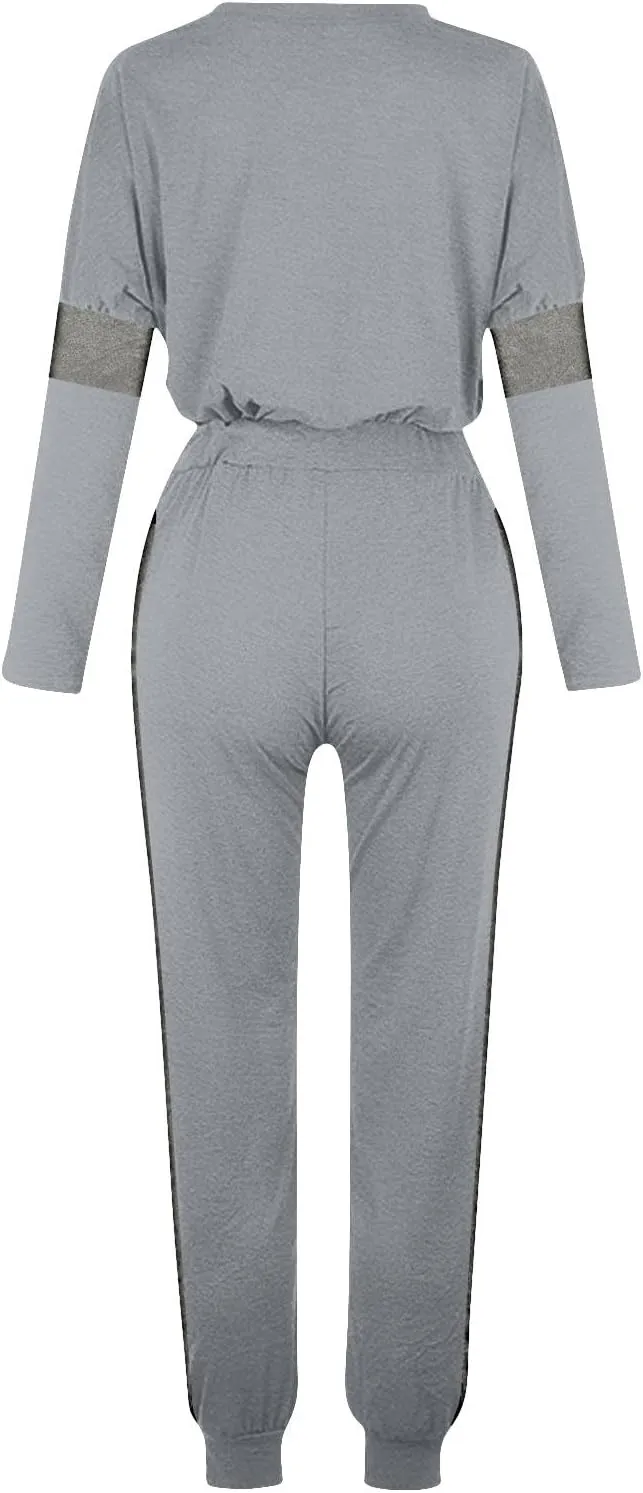 Women Color Block Simple Tracksuit 2 Piece Outfit Comfy Soft Pajama Set Crewneck Long Sleeve Shirts and Jogger Pants