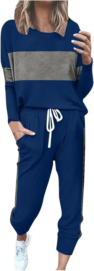 Women Color Block Simple Tracksuit 2 Piece Outfit Comfy Soft Pajama Set Crewneck Long Sleeve Shirts and Jogger Pants