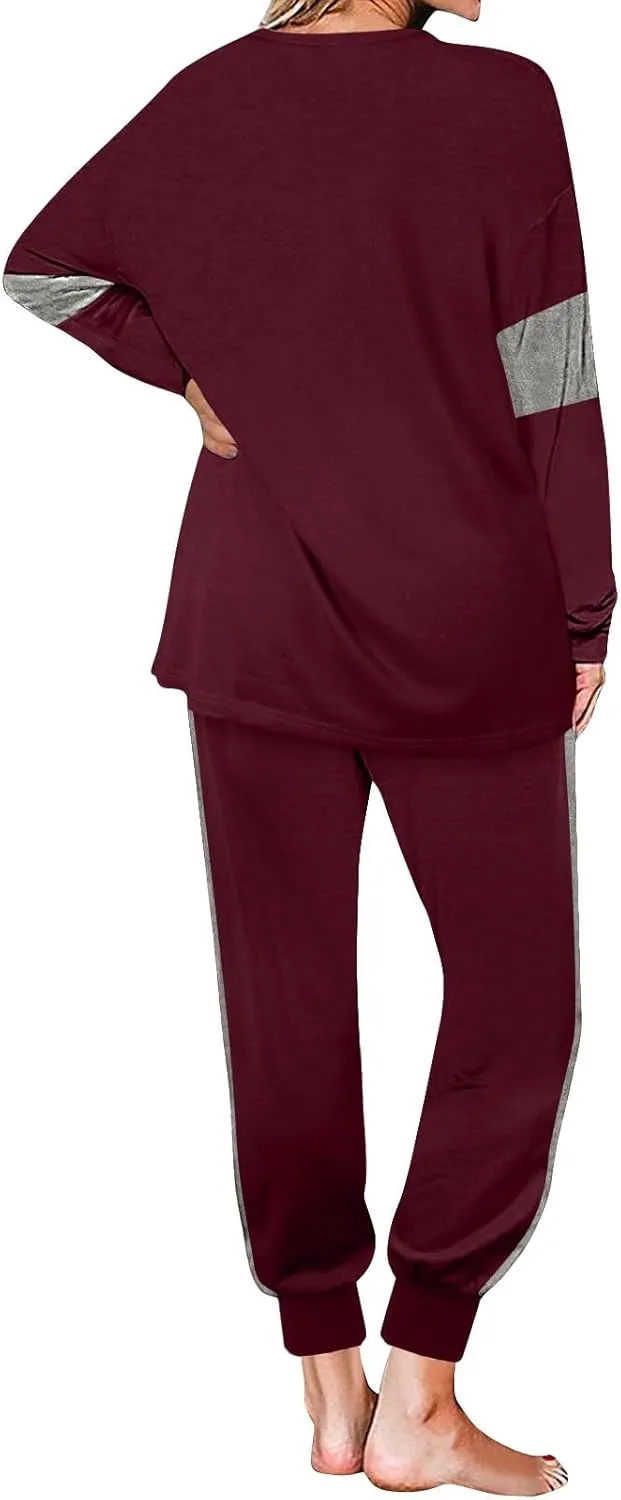 Women Color Block Simple Tracksuit 2 Piece Outfit Comfy Soft Pajama Set Crewneck Long Sleeve Shirts and Jogger Pants