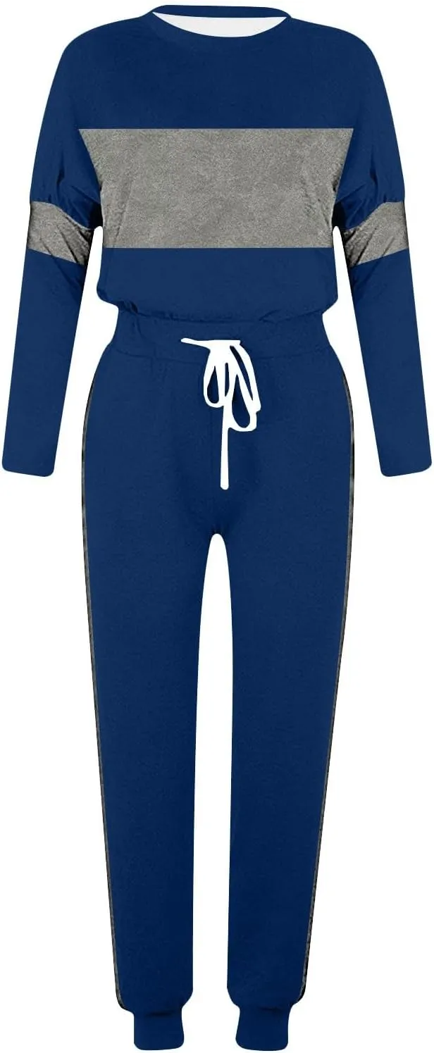 Women Color Block Simple Tracksuit 2 Piece Outfit Comfy Soft Pajama Set Crewneck Long Sleeve Shirts and Jogger Pants