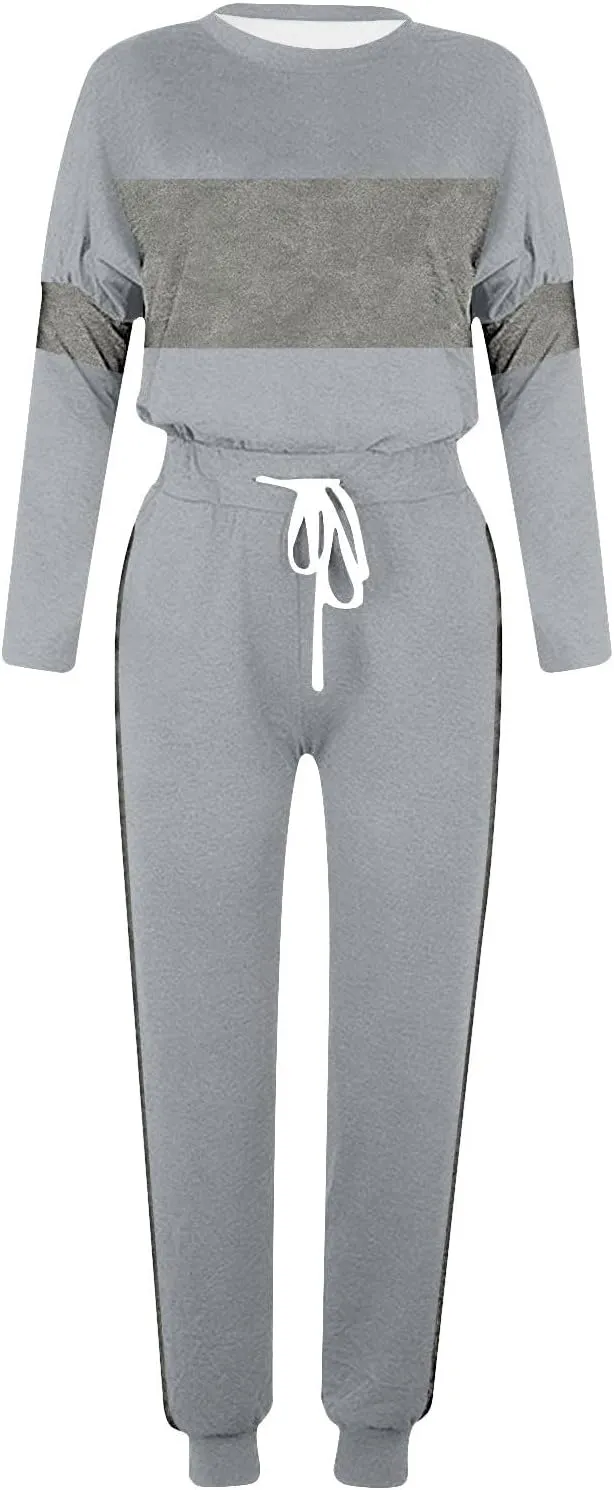 Women Color Block Simple Tracksuit 2 Piece Outfit Comfy Soft Pajama Set Crewneck Long Sleeve Shirts and Jogger Pants