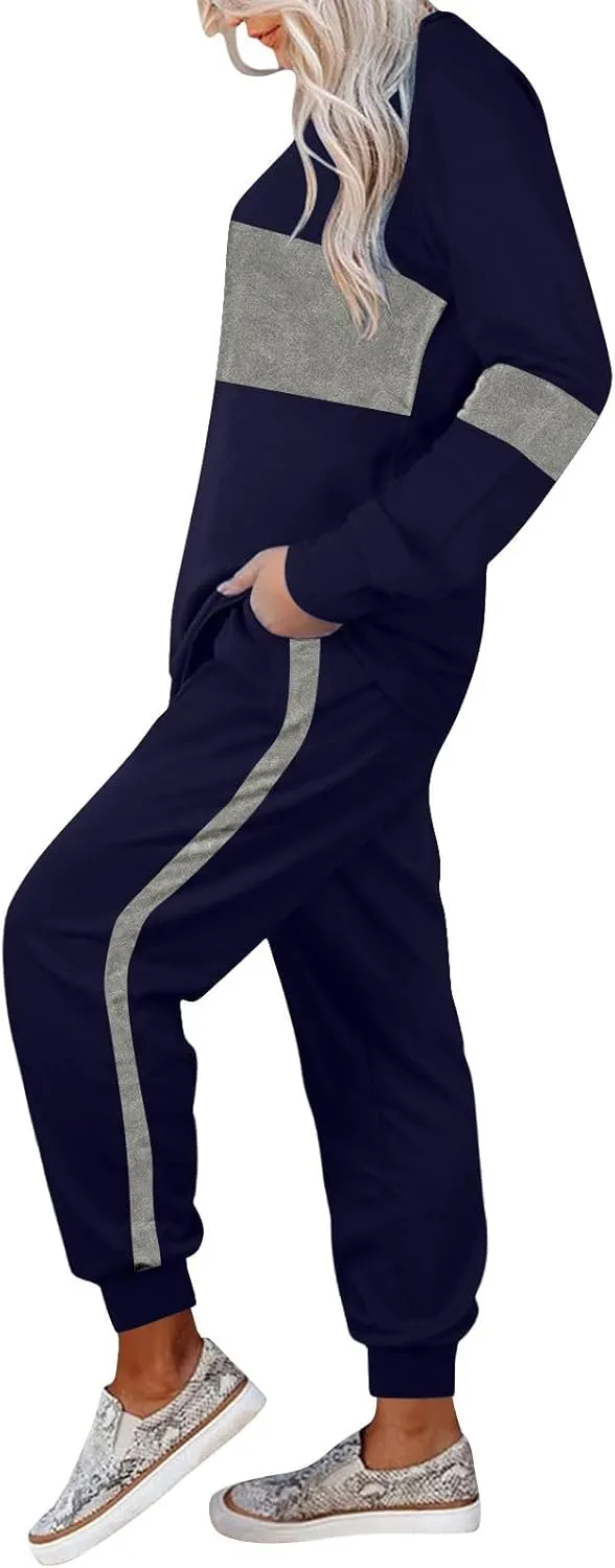 Women Color Block Simple Tracksuit 2 Piece Outfit Comfy Soft Pajama Set Crewneck Long Sleeve Shirts and Jogger Pants