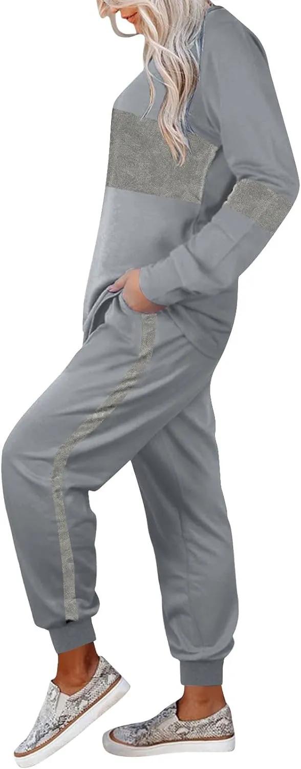 Women Color Block Simple Tracksuit 2 Piece Outfit Comfy Soft Pajama Set Crewneck Long Sleeve Shirts and Jogger Pants