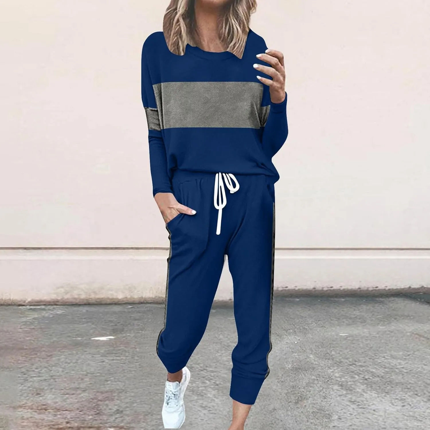 Women Color Block Simple Tracksuit 2 Piece Outfit Comfy Soft Pajama Set Crewneck Long Sleeve Shirts and Jogger Pants
