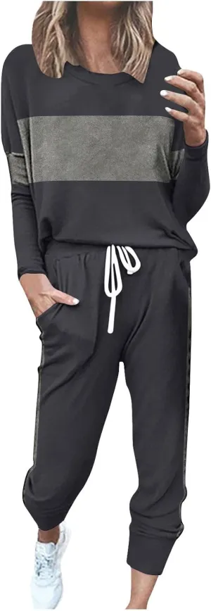 Women Color Block Simple Tracksuit 2 Piece Outfit Comfy Soft Pajama Set Crewneck Long Sleeve Shirts and Jogger Pants
