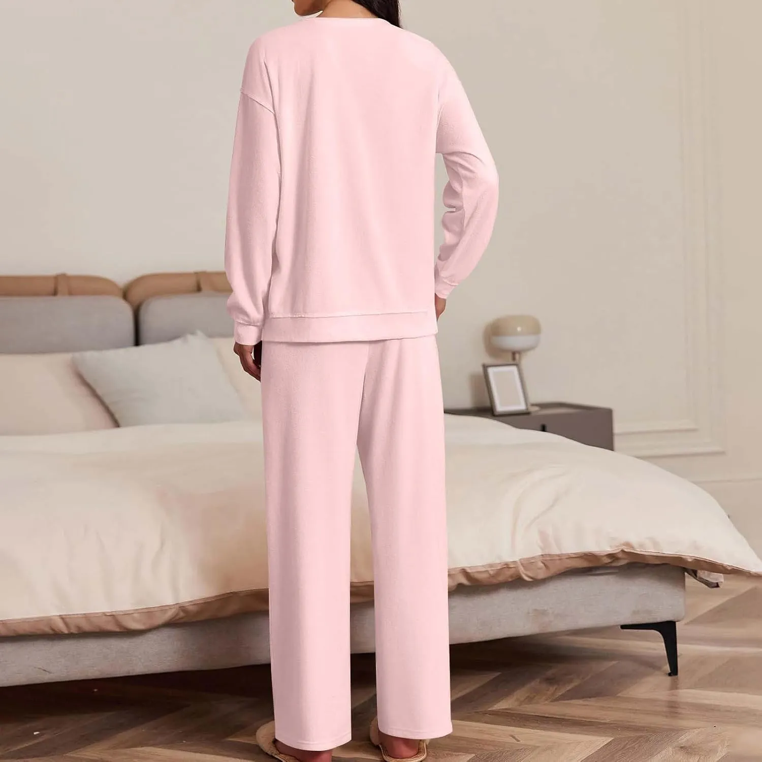 Women Drop Shoulder Pajama Set Soft Comfy 2 Piece Outfit Loose Loungewear Solid Crewneck Long Sleeve Tops and Pants