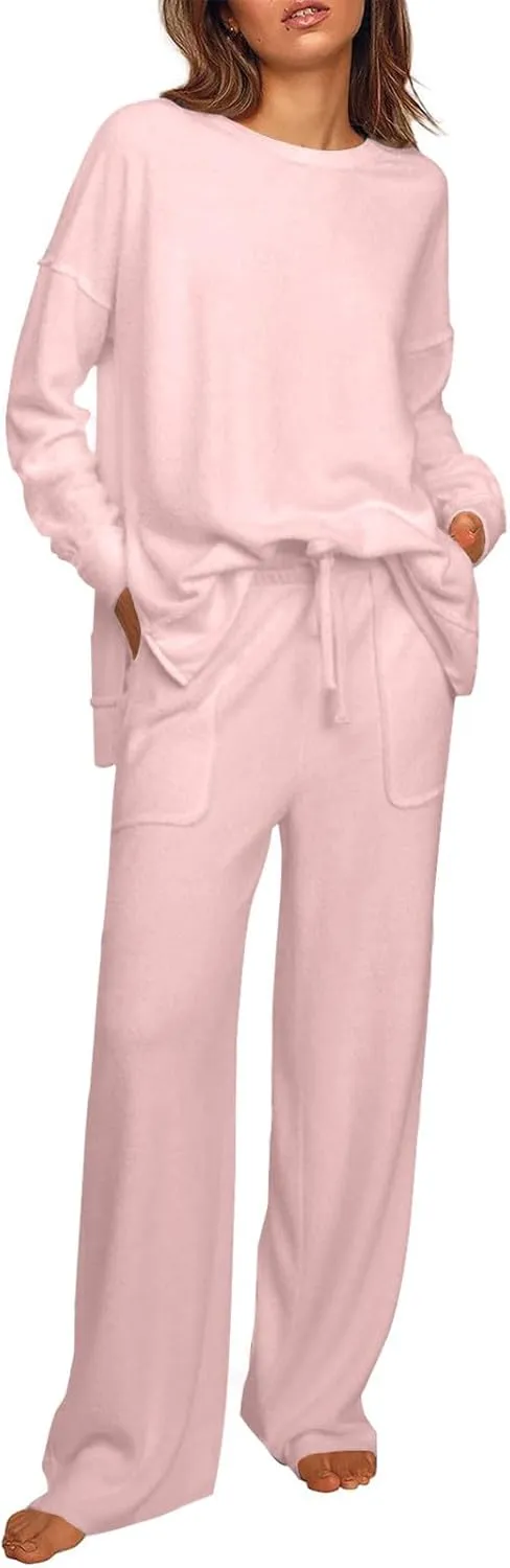 Women Drop Shoulder Pajama Set Soft Comfy 2 Piece Outfit Loose Loungewear Solid Crewneck Long Sleeve Tops and Pants