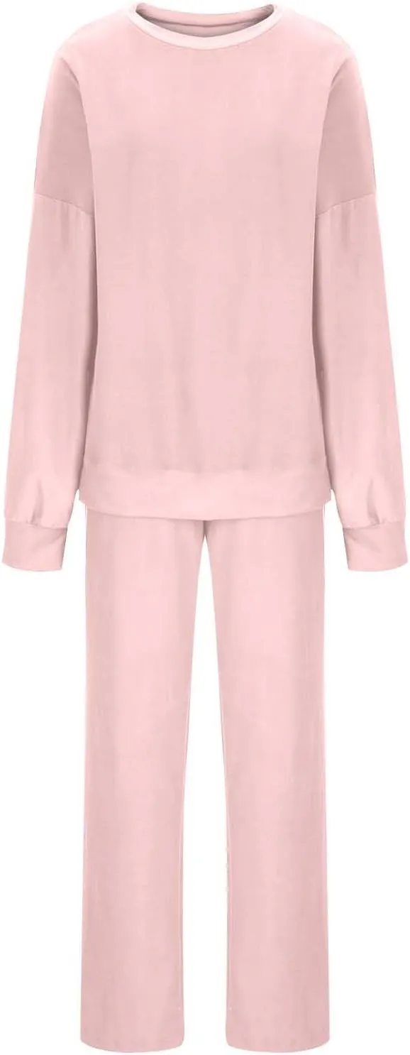 Women Drop Shoulder Pajama Set Soft Comfy 2 Piece Outfit Loose Loungewear Solid Crewneck Long Sleeve Tops and Pants