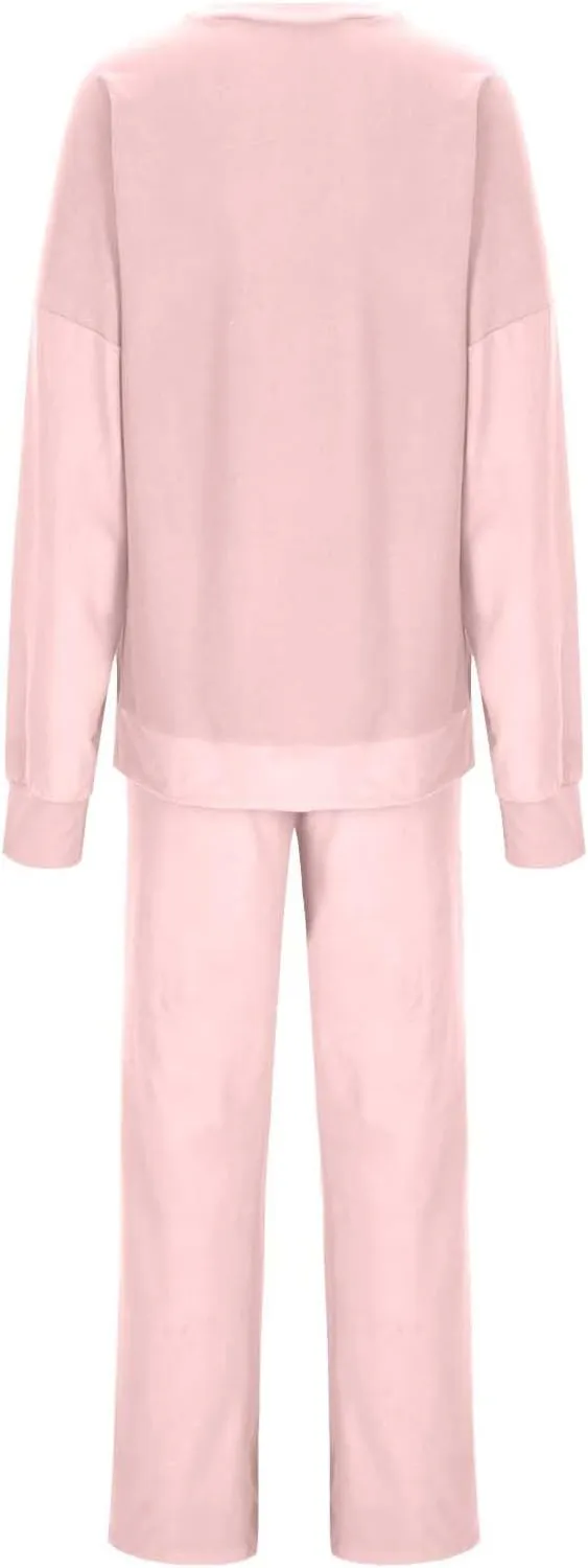 Women Drop Shoulder Pajama Set Soft Comfy 2 Piece Outfit Loose Loungewear Solid Crewneck Long Sleeve Tops and Pants