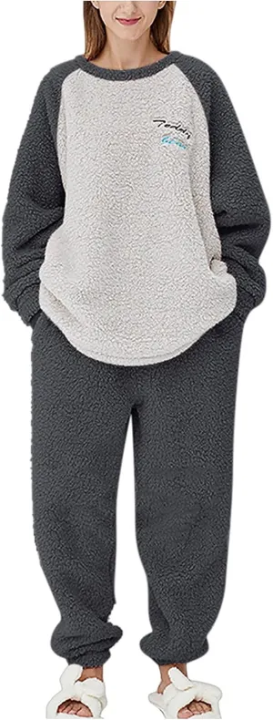 Women Fleece Pajamas Sets Fluffy Loungewear Winter Warm Fuzzy Sleepwear Soft Comfy Loose Pullover Pants 2 Piece Lounge Outfit
