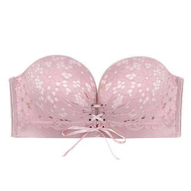 Women Floral Seamless Lace Strapless Push Up Bra Invisible Wireless Lingerie Underwear