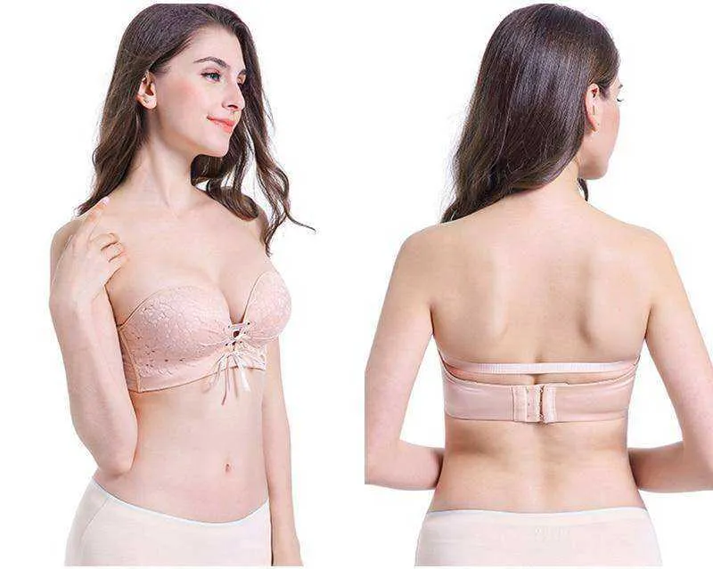 Women Floral Seamless Lace Strapless Push Up Bra Invisible Wireless Lingerie Underwear