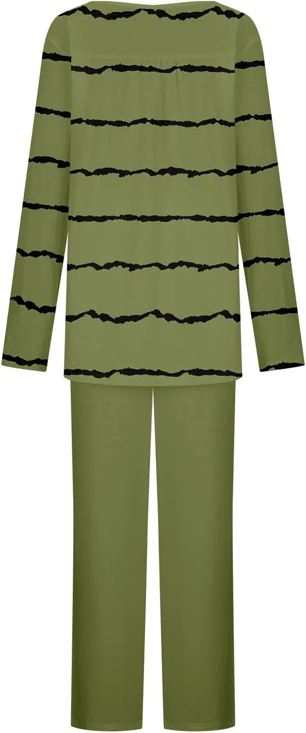 Women Front Pleated Pajama Set 2 Pcs Soft Comfy Homewear Outfit Striped Long Sleeve Henley Shirt and Pant Sleepwear
