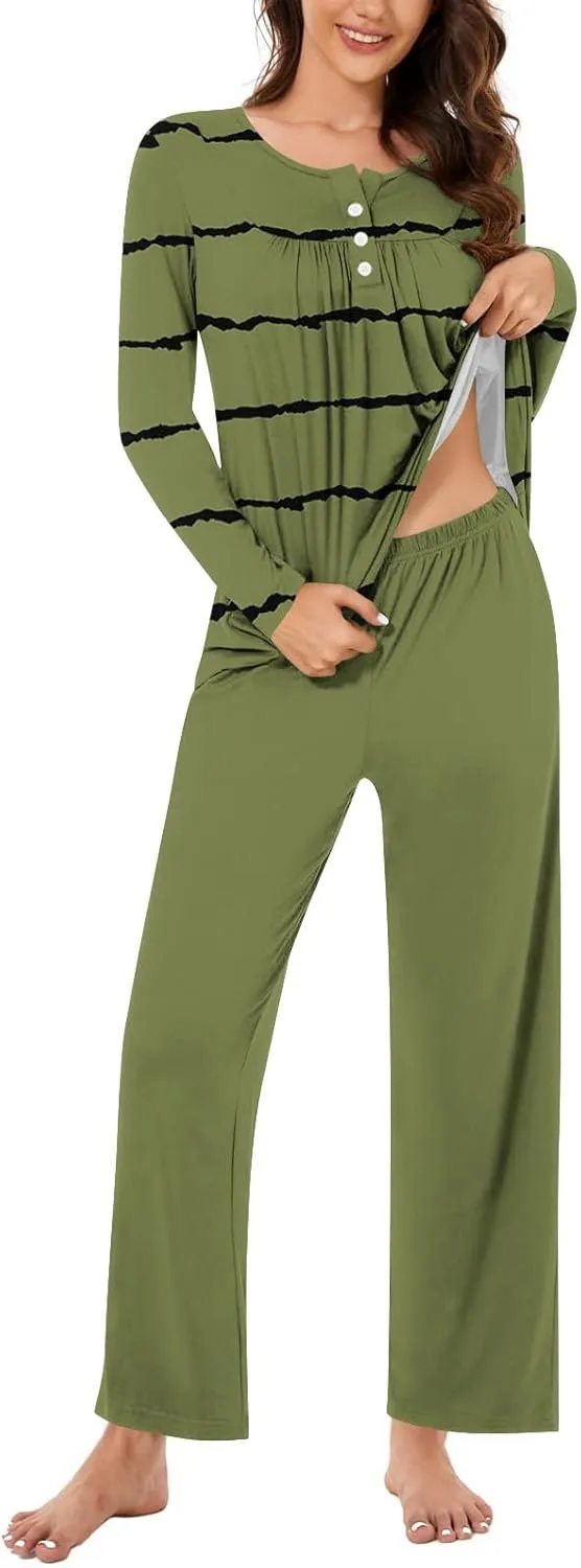 Women Front Pleated Pajama Set 2 Pcs Soft Comfy Homewear Outfit Striped Long Sleeve Henley Shirt and Pant Sleepwear