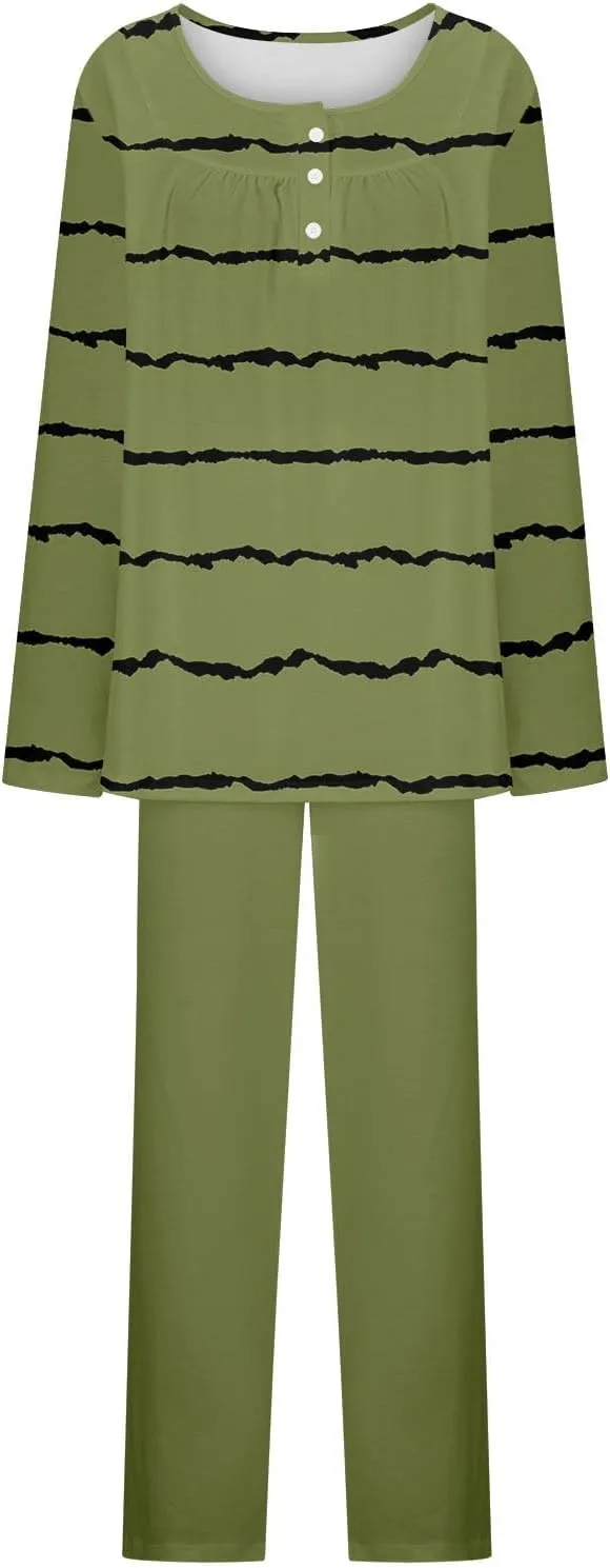 Women Front Pleated Pajama Set 2 Pcs Soft Comfy Homewear Outfit Striped Long Sleeve Henley Shirt and Pant Sleepwear