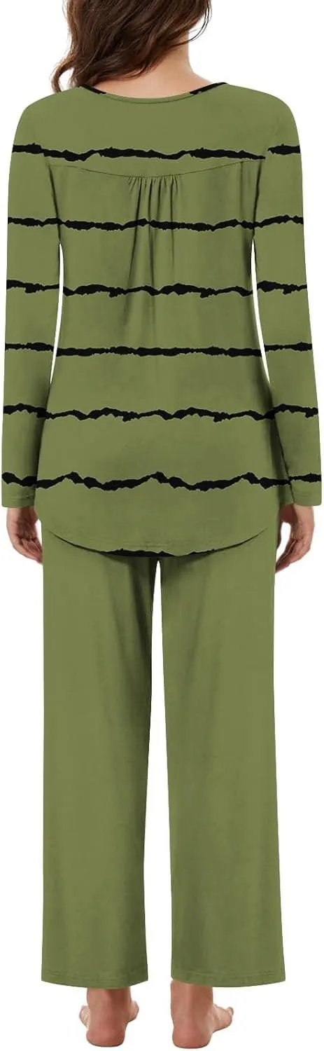 Women Front Pleated Pajama Set 2 Pcs Soft Comfy Homewear Outfit Striped Long Sleeve Henley Shirt and Pant Sleepwear