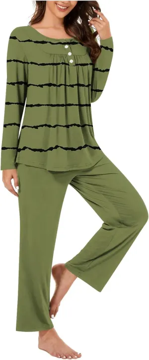 Women Front Pleated Pajama Set 2 Pcs Soft Comfy Homewear Outfit Striped Long Sleeve Henley Shirt and Pant Sleepwear