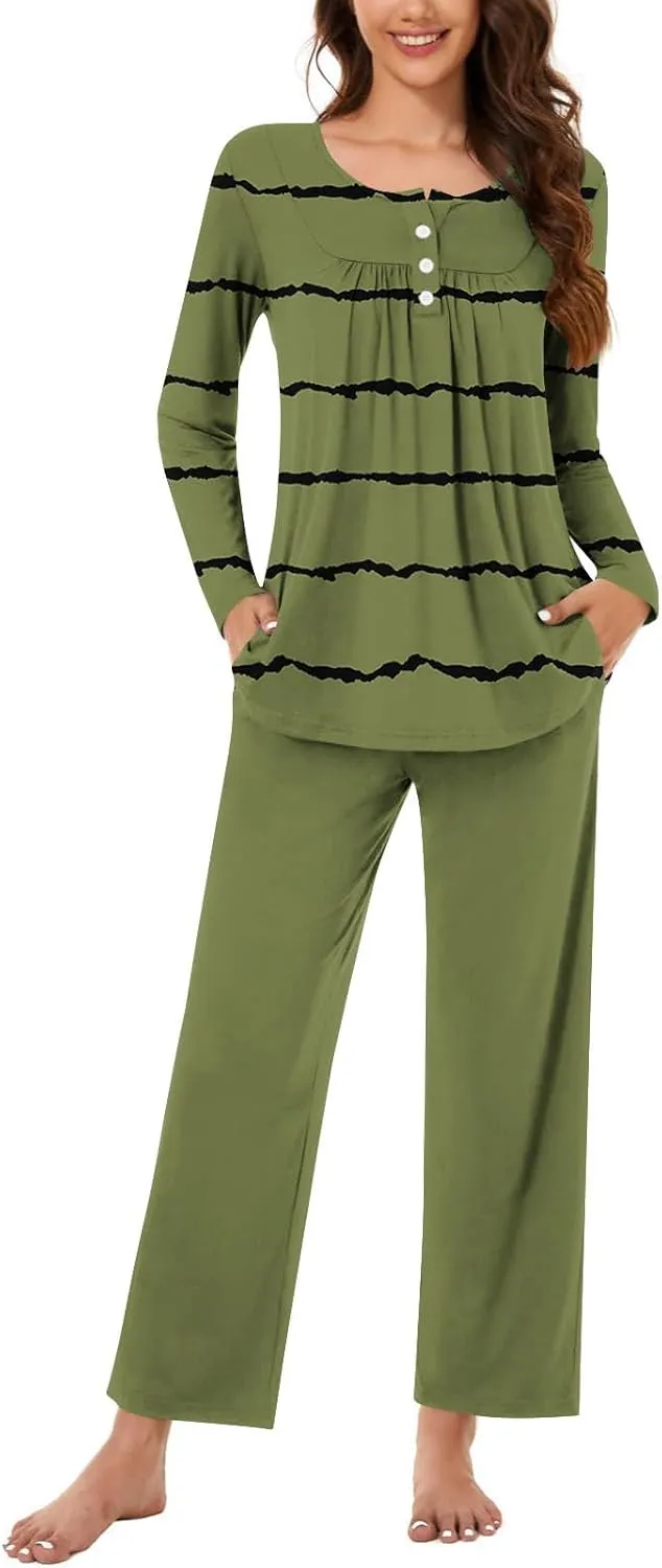 Women Front Pleated Pajama Set 2 Pcs Soft Comfy Homewear Outfit Striped Long Sleeve Henley Shirt and Pant Sleepwear