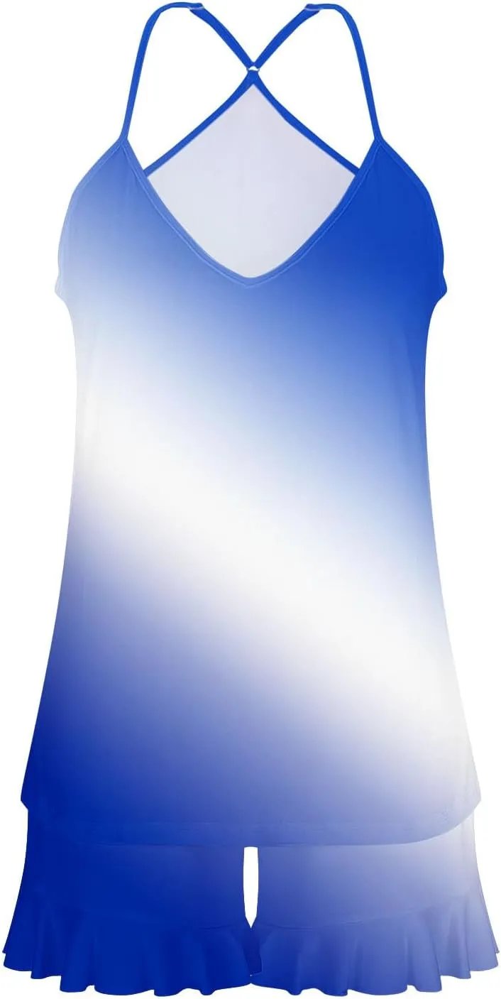 Women Gradient Printed Ice Silk Pajamas Sets Spaghetti Strap V Neck Loose Tank and High Waisted Smooth Lounge Short