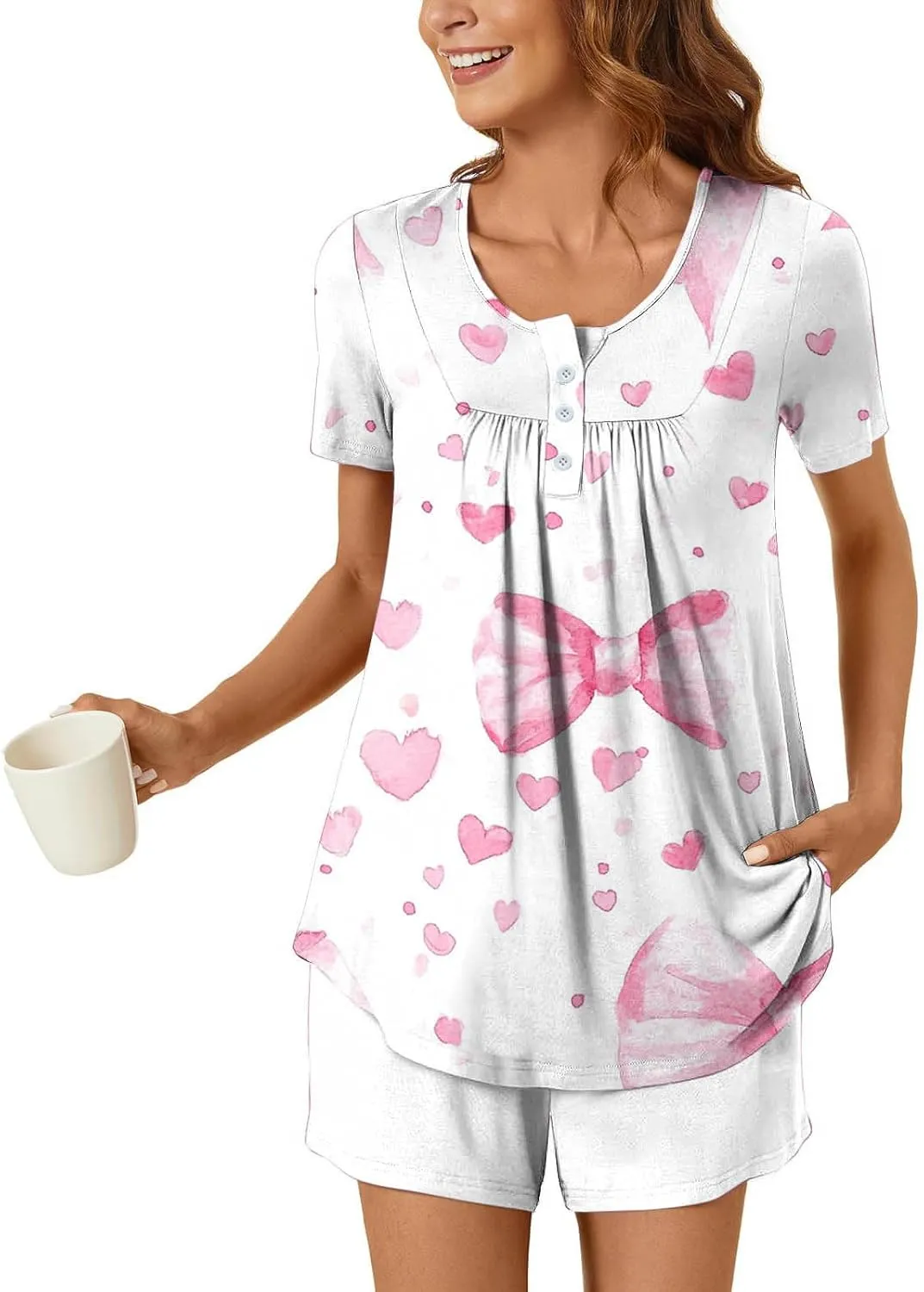 Women Heart Print Two Piece Pajamas Suits Short Sleeve Crew Neck Button Pleated Top with Soft Comfy Sleepwear Short