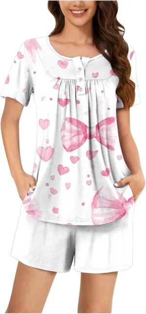 Women Heart Print Two Piece Pajamas Suits Short Sleeve Crew Neck Button Pleated Top with Soft Comfy Sleepwear Short