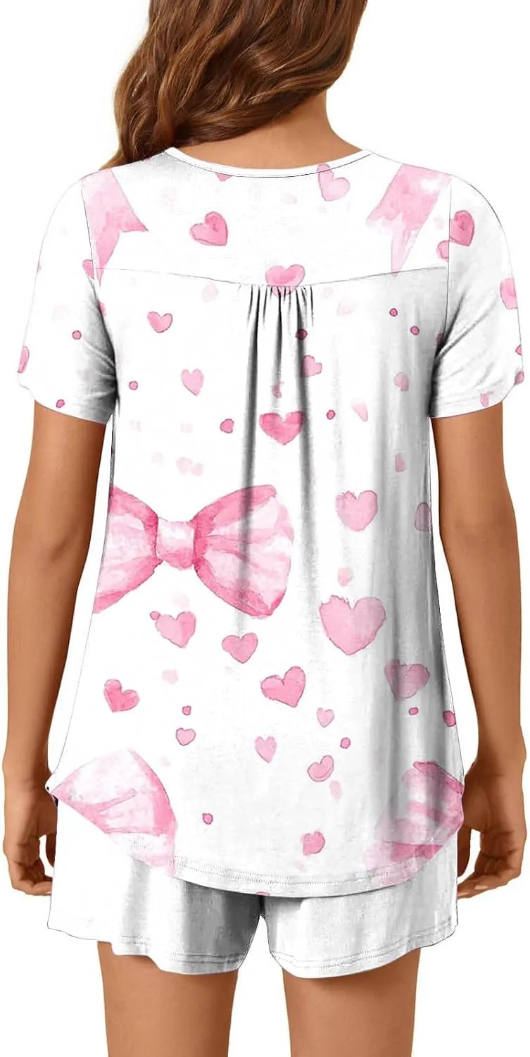 Women Heart Print Two Piece Pajamas Suits Short Sleeve Crew Neck Button Pleated Top with Soft Comfy Sleepwear Short