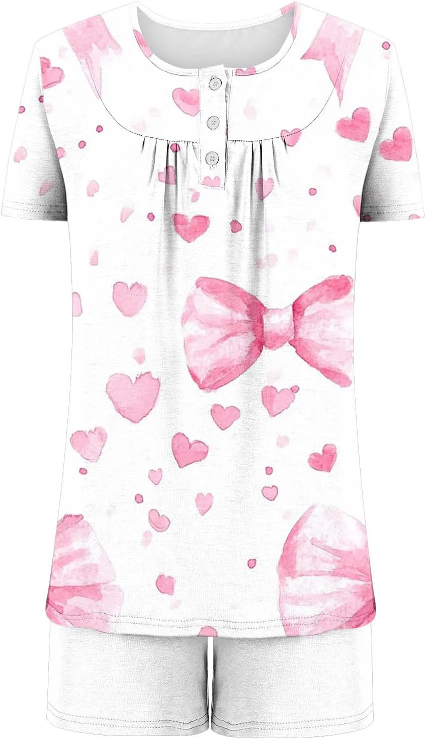 Women Heart Print Two Piece Pajamas Suits Short Sleeve Crew Neck Button Pleated Top with Soft Comfy Sleepwear Short