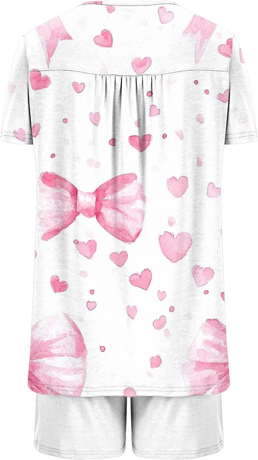 Women Heart Print Two Piece Pajamas Suits Short Sleeve Crew Neck Button Pleated Top with Soft Comfy Sleepwear Short