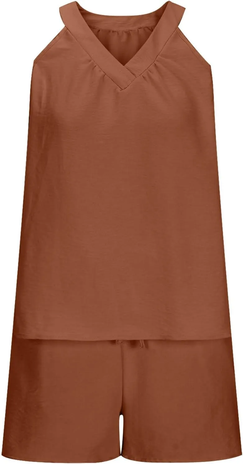 Women Ice Silk Pleated Pajamas Sets Sleeveless V-Neck Cami Top Tank Matching Solid Soft Breathable Short Loungewear