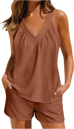 Women Ice Silk Pleated Pajamas Sets Sleeveless V-Neck Cami Top Tank Matching Solid Soft Breathable Short Loungewear