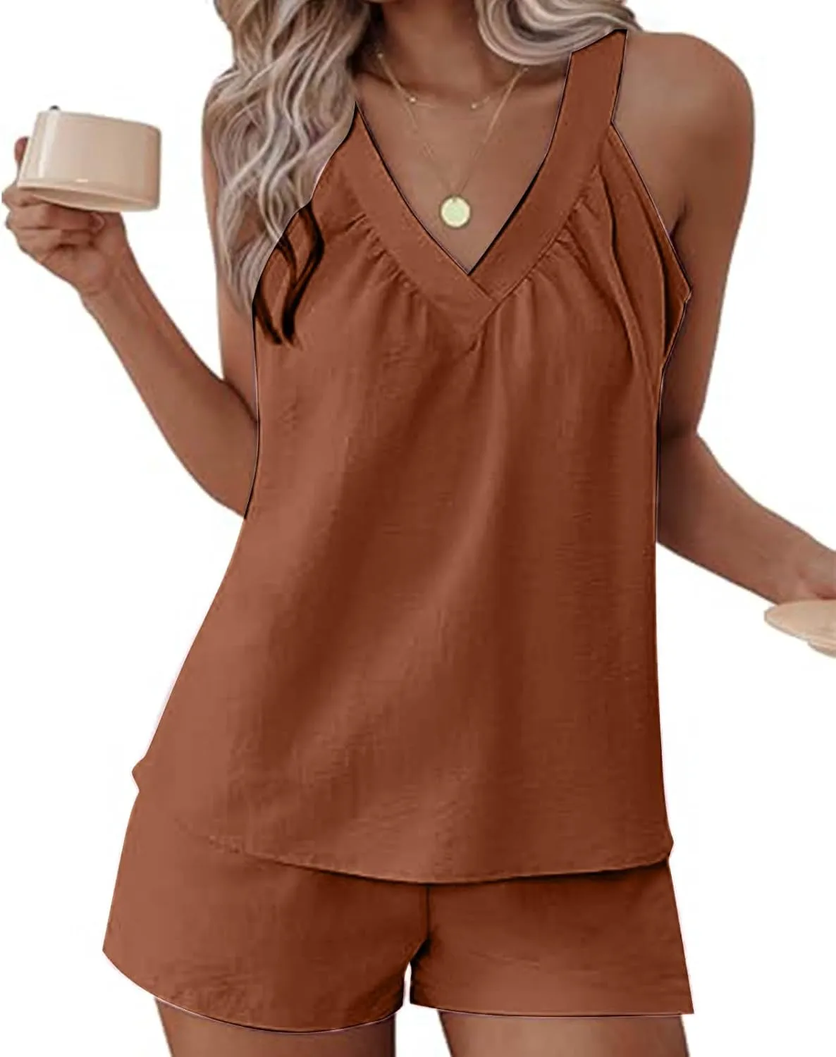 Women Ice Silk Pleated Pajamas Sets Sleeveless V-Neck Cami Top Tank Matching Solid Soft Breathable Short Loungewear