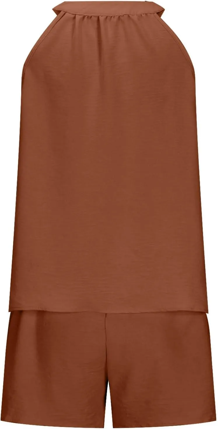 Women Ice Silk Pleated Pajamas Sets Sleeveless V-Neck Cami Top Tank Matching Solid Soft Breathable Short Loungewear