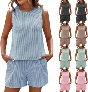 Women Knitting Lounge Wear Sets Sleeveless Tops Shorts 2 Suit Vest Half Pants Tracksuits Summer Homewear
