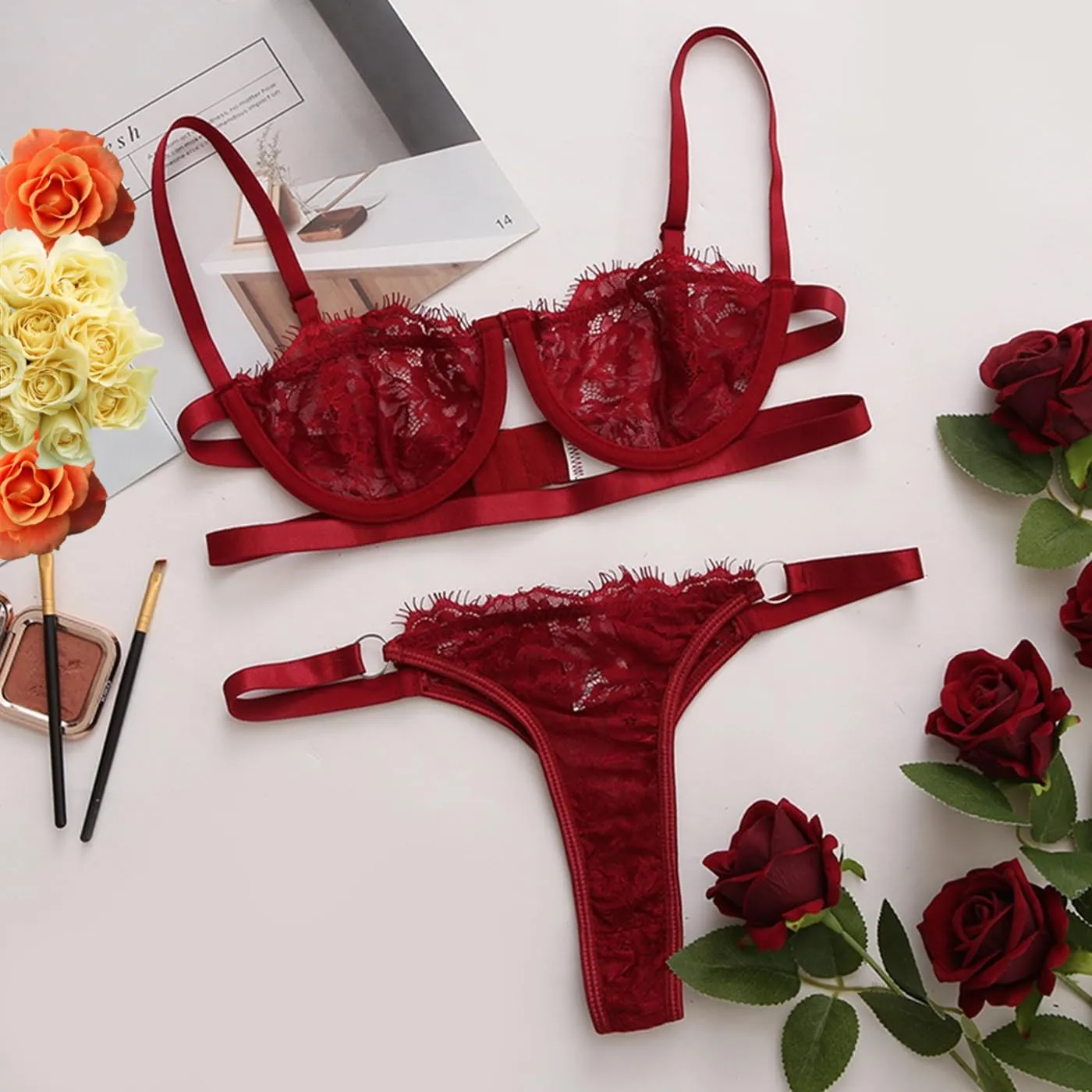 Women Lace Lingerie 2 Piece Half Cup Bra Strappy Thong with Eyelash Crochet Sexy Open Cups Push Up Mesh Bralette Bikini