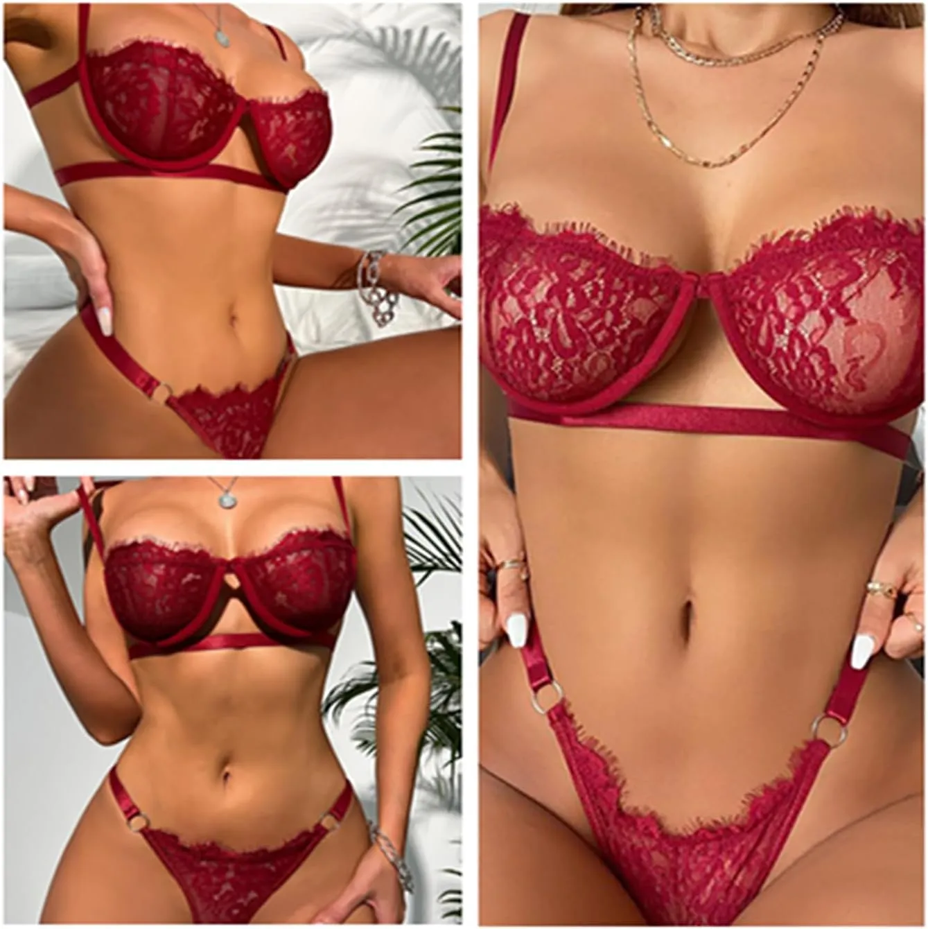 Women Lace Lingerie 2 Piece Half Cup Bra Strappy Thong with Eyelash Crochet Sexy Open Cups Push Up Mesh Bralette Bikini
