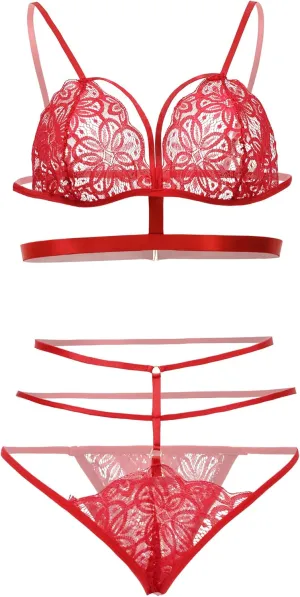 Women Lace Lingerie Set Strappy Bra & Underwear for Nightwear Lingerie