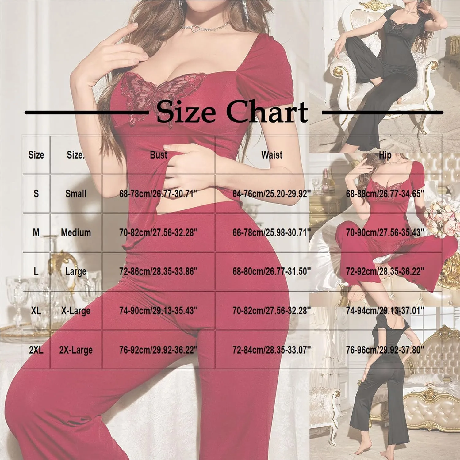 Women Lightweight Comfy Pajama Set, Sexy Sweetheart Neck Lace Butterfly Embroidery Boudoir Sleepwear Sets with Pants