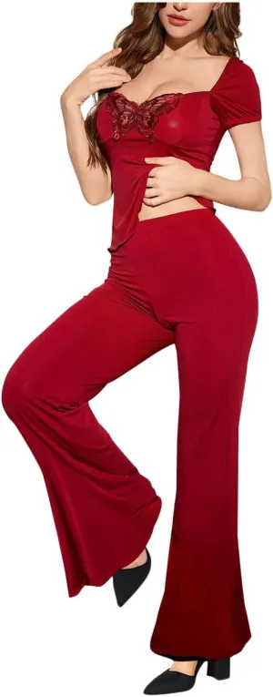 Women Lightweight Comfy Pajama Set, Sexy Sweetheart Neck Lace Butterfly Embroidery Boudoir Sleepwear Sets with Pants